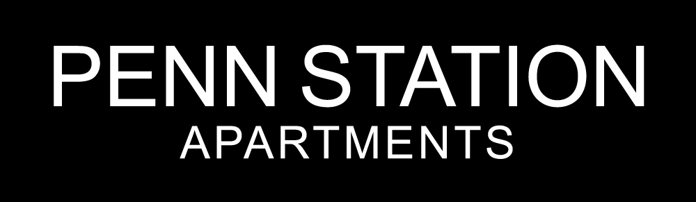 A black and white image with the words "Penn Station Apartments" written on it.